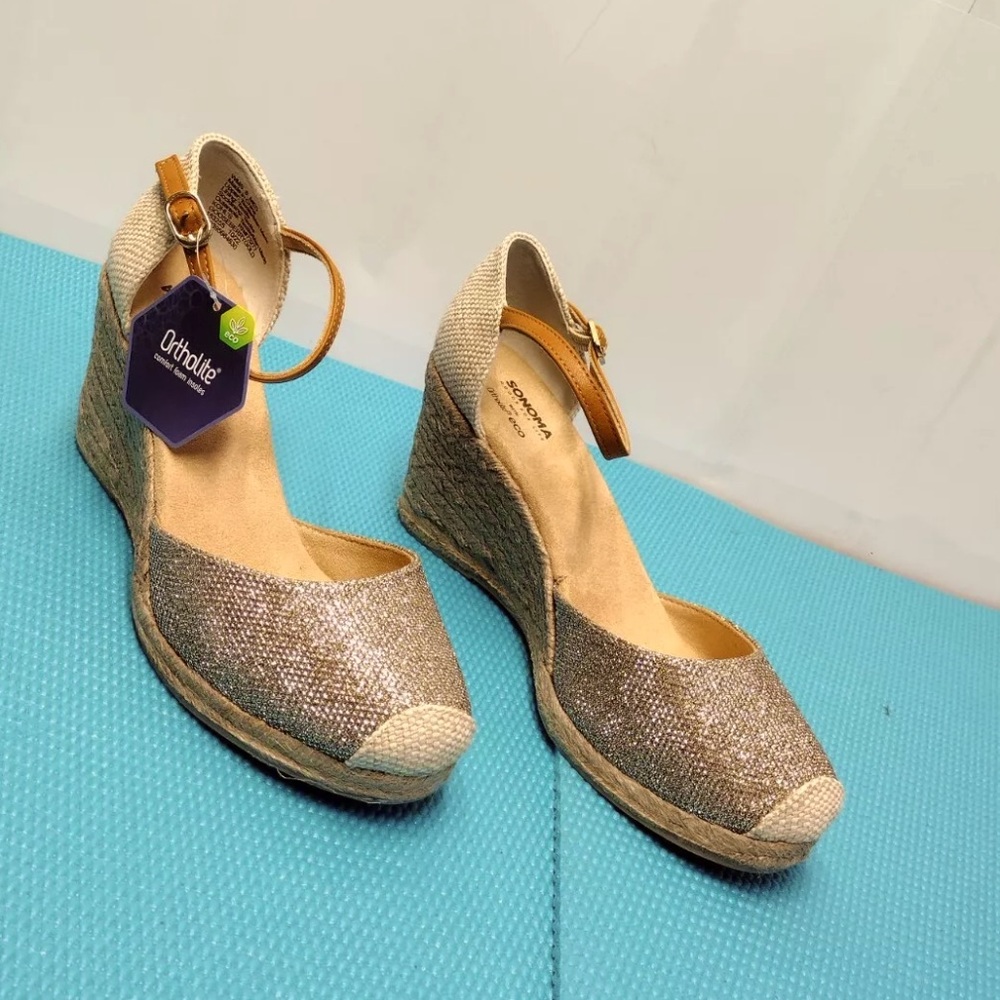 NWT SONOMA ECO ORTHOLITE COMFORT FOAM INSOLES GOLD GLITTERY ESPADRILLE SANDAL 8M